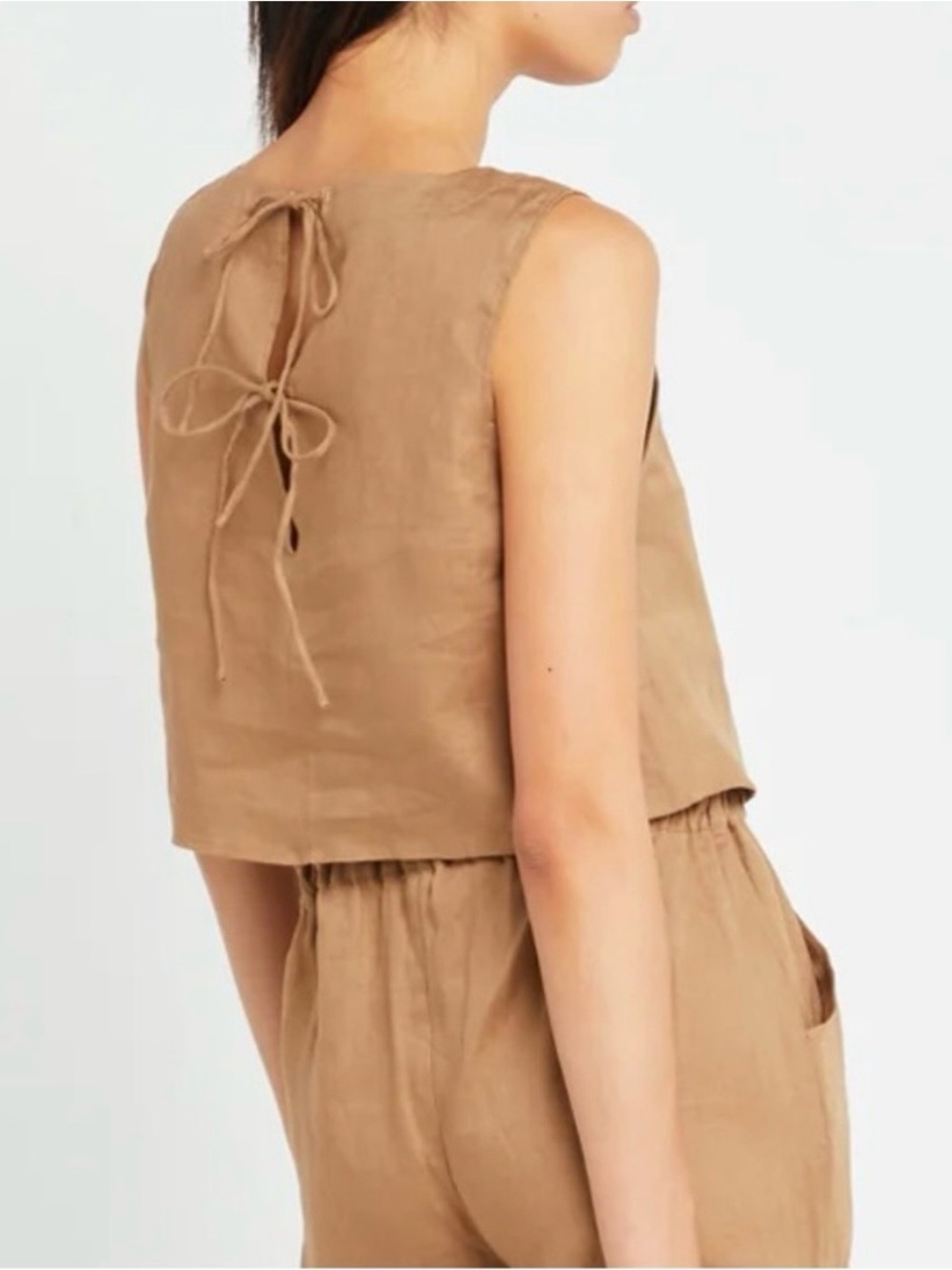 Kourt Linen Cropped Top Tie Back in Camel Size S